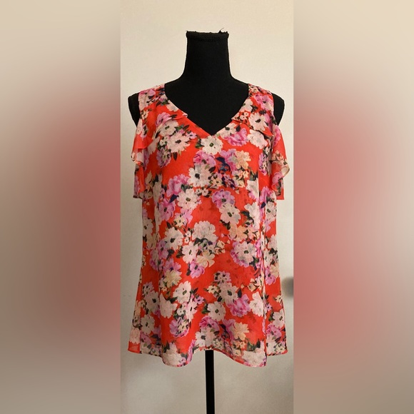 Cabi- Lush Blouse Orange Floral Cold Shoulder Top Style 5352 Size‎ Small - Picture 2 of 6